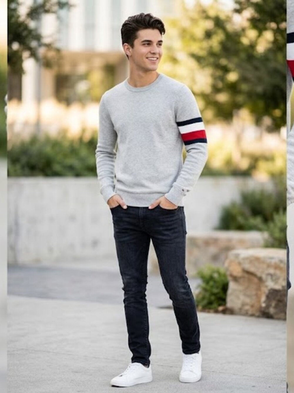 Tommy‎ Hilfiger Gray Crewneck Sweater with Tricolor Sleeve XL